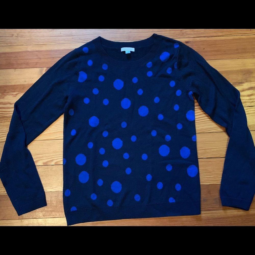 Cute Garnet Hill sweater, polka dots, blue, small